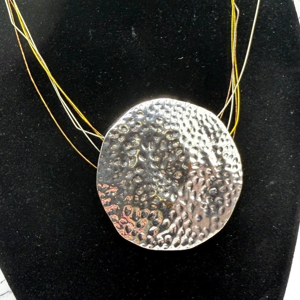 Hammered Silver Disc Statement Necklace‎ 2" Pendant Multi Strand Metal